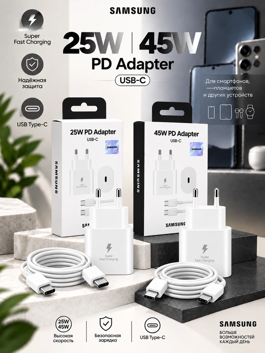 25W/45W PD USB-C tez zaryadlovchi, Type-C adapter, quvvatlagich, oq/qora - 