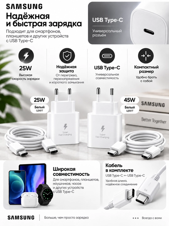 25W/45W PD USB-C tez zaryadlovchi, Type-C adapter, quvvatlagich, oq/qora