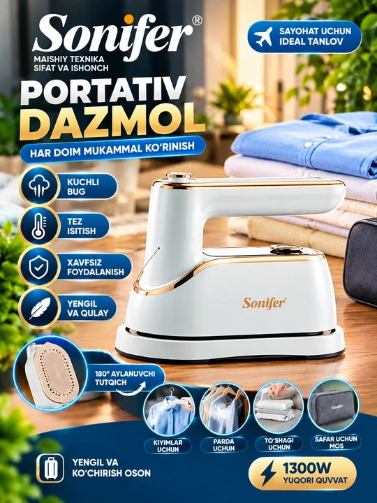 Sonifer SF-9122 Sayohat uchun Portativ Bug'li Dazmol (1300 Vt, 180° aylanuvchi tutqichli)