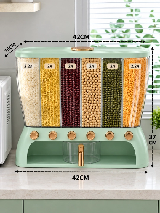 Yormalarni saqlash uchun  konteyner-dispenser, dozator bilan, 6 ta bo‘limdan, 12.5 l