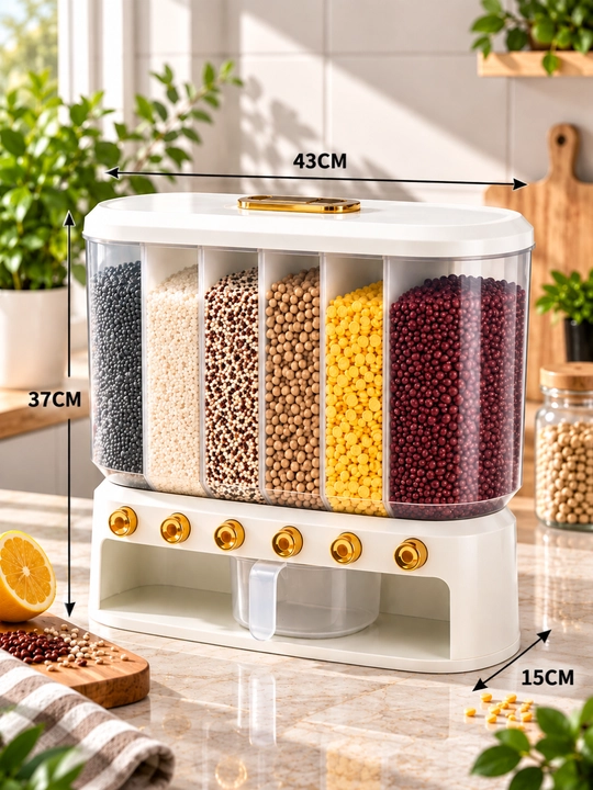 Yormalarni saqlash uchun  konteyner-dispenser, dozator bilan, 6 ta bo‘limdan, 12.5 l