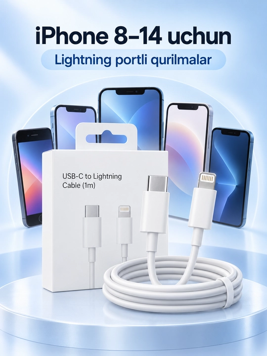 Кабель USB-C — Lightning для iPhone 8–14, 1 м, быстрая зарядка, белый