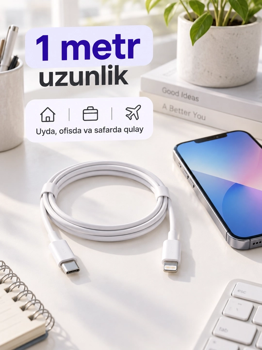Кабель USB-C — Lightning для iPhone 8–14, 1 м, быстрая зарядка, белый