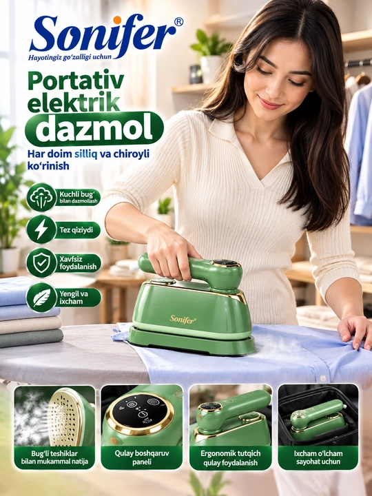 Sonifer SF-9155B Portativ Elektr Dazmoli va Bug'lagich (1400 Vt, 180° aylanuvchi tutqichli