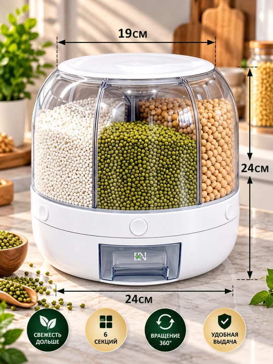 Yormalarni saqlash uchun  konteyner-dispenser, dozator bilan, 6 ta bo‘limdan, 12.5 l
