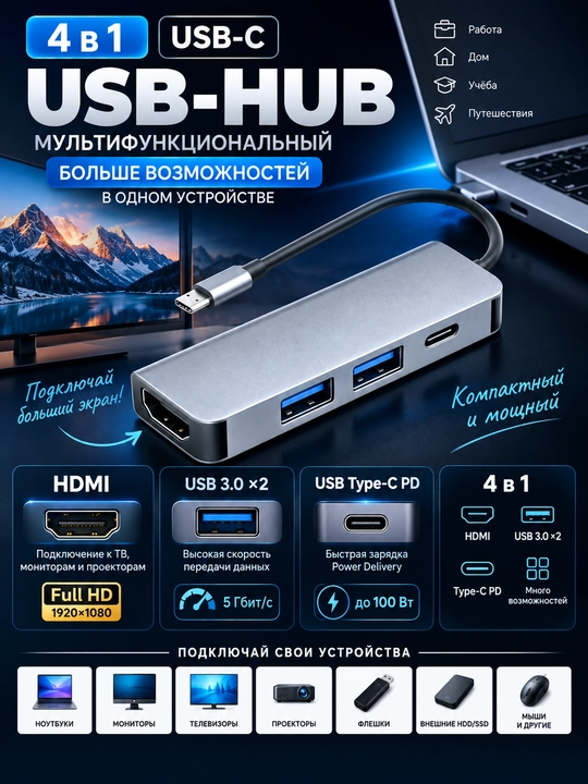 Многофункциональный USB-C адаптер 8 в 2 переходник, Хаб  HDMI - 