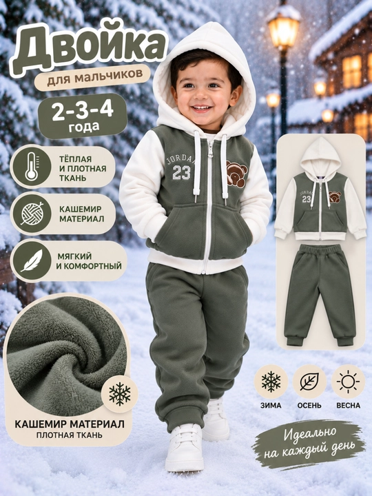Bolalar uchun qalin kashemir dvoyka 2-3-4 yosh issiq kostyum