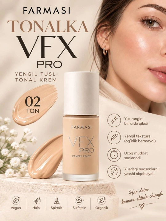 Professional matlashtiruvchi tonal krem Farmasi VFX Pro yuz uchun chidamli 30ml