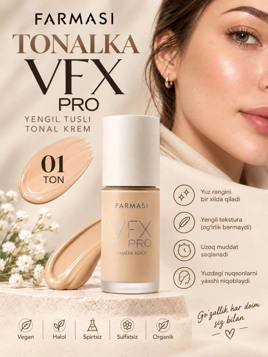 Professional matlashtiruvchi tonal krem Farmasi VFX Pro yuz uchun chidamli 30ml