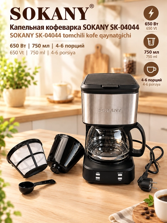 Кофеварка капельная SOKANY SK-04044, 650 Вт, 750 мл с функцией таймера - 