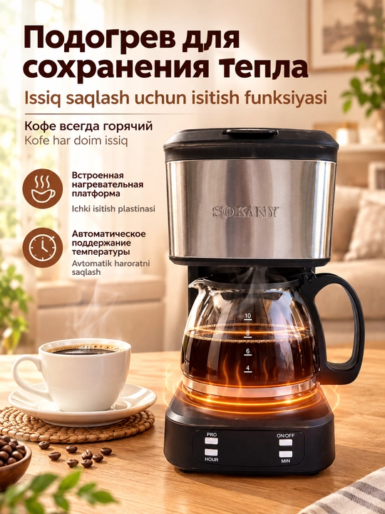Кофеварка капельная SOKANY SK-04044, 650 Вт, 750 мл с функцией таймера