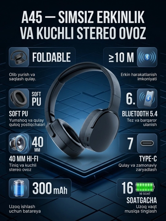 Bluetooth quloqchin A45, simsiz naushnik, 40 mm, Type-C, 16 soat - 