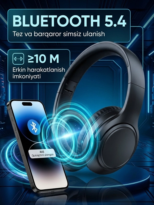 Bluetooth quloqchin A45, simsiz naushnik, 40 mm, Type-C, 16 soat