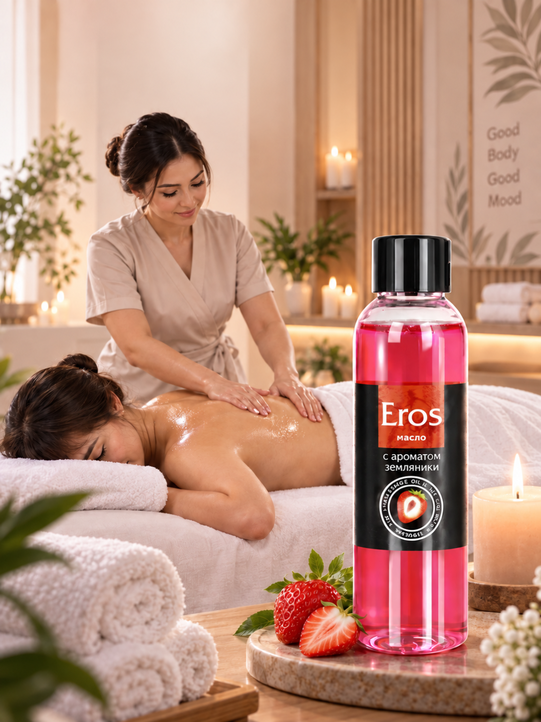 Xushbo‘y massaj moyi, shaftoli yoki qulupnay aromati, tana parvarishi uchun EROS yogi