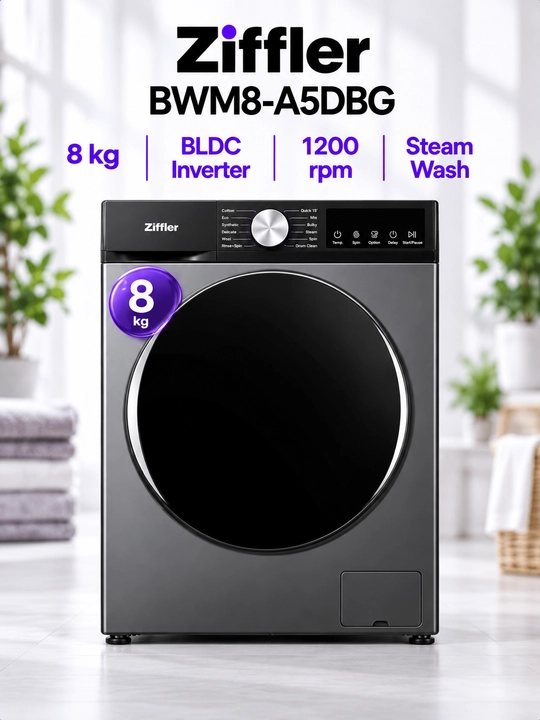 Ziffler BWM8-A5DBG kir yuvish mashinasi, 8 kg, BLDC Inverter, Steam Wash, 1200 ayl/min - 