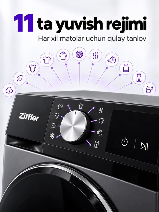 Ziffler BWM8-A5DBG kir yuvish mashinasi, 8 kg, BLDC Inverter, Steam Wash, 1200 ayl/min