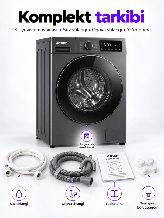 Ziffler BWM8-A5DBG kir yuvish mashinasi, 8 kg, BLDC Inverter, Steam Wash, 1200 ayl/min