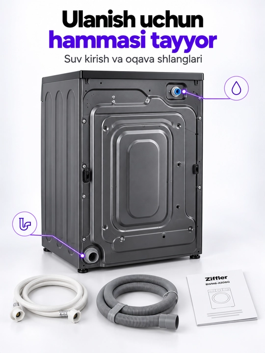 Ziffler BWM8-A5DBG kir yuvish mashinasi, 8 kg, BLDC Inverter, Steam Wash, 1200 ayl/min