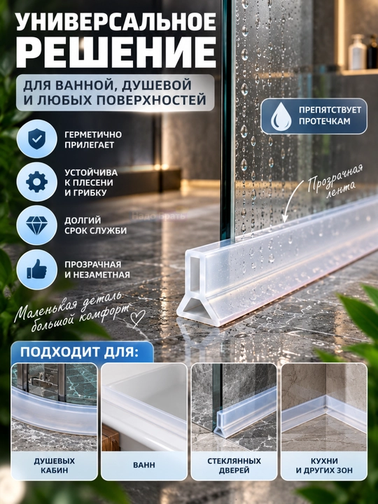 Силиконовый бортик для ванной и душа самоклеящийся, водоудерживающая лента-порог, 2 м