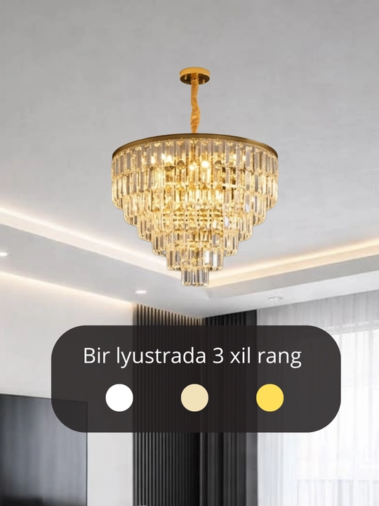 Billur lyustra shift uchun, 3xil yoritish, balandligi sozlanuvchi, zal va mehmonxona uchun