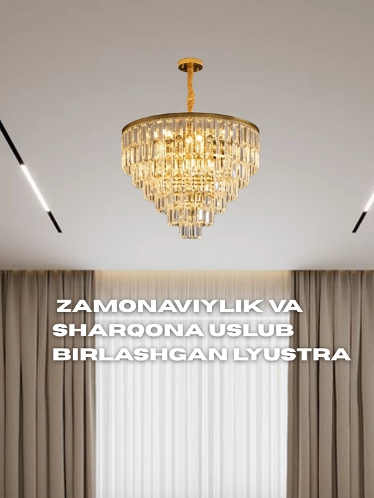 Billur lyustra shift uchun, 3xil yoritish, balandligi sozlanuvchi, zal va mehmonxona uchun
