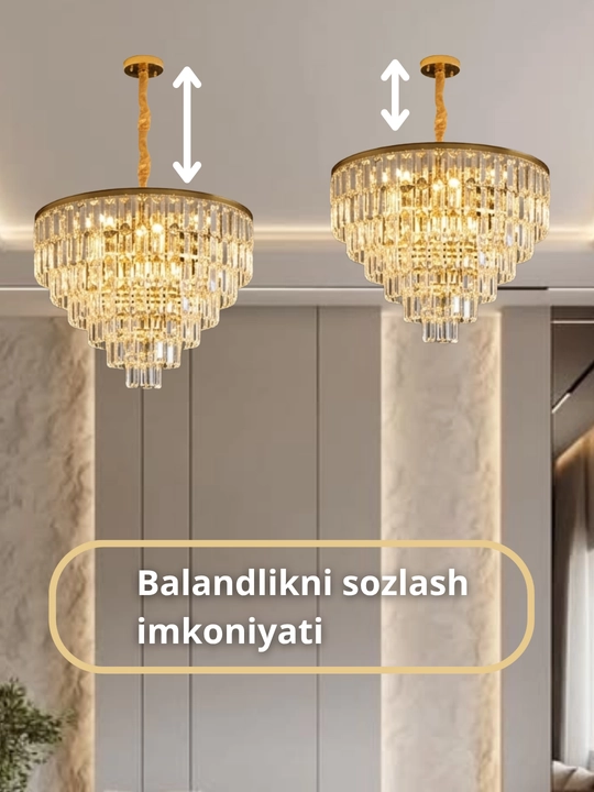 Billur lyustra shift uchun, 3xil yoritish, balandligi sozlanuvchi, zal va mehmonxona uchun