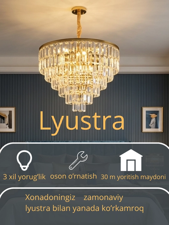 Billur lyustra shift uchun, 3xil yoritish, balandligi sozlanuvchi, zal va mehmonxona uchun - 