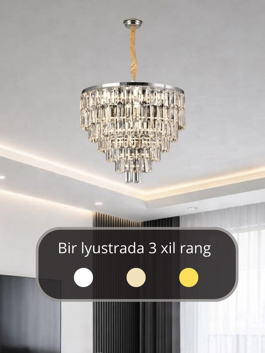 Billur lyustra shift uchun, 3xil yoritish, balandligi sozlanuvchi, zal va mehmonxona uchun
