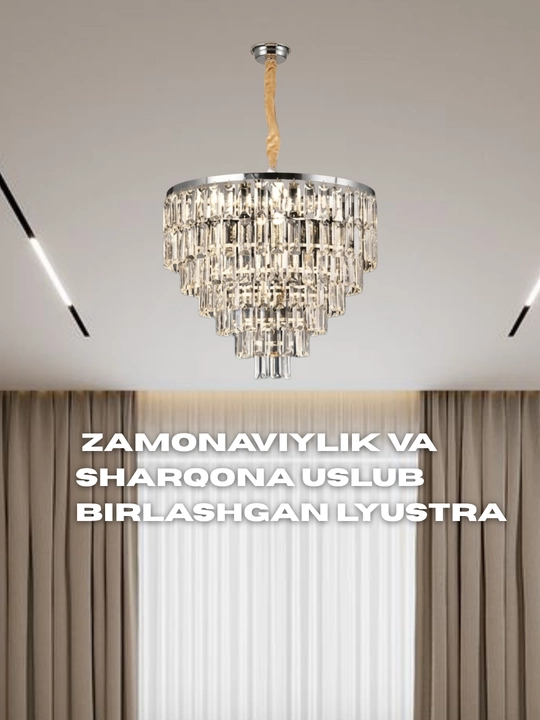 Billur lyustra shift uchun, 3xil yoritish, balandligi sozlanuvchi, zal va mehmonxona uchun