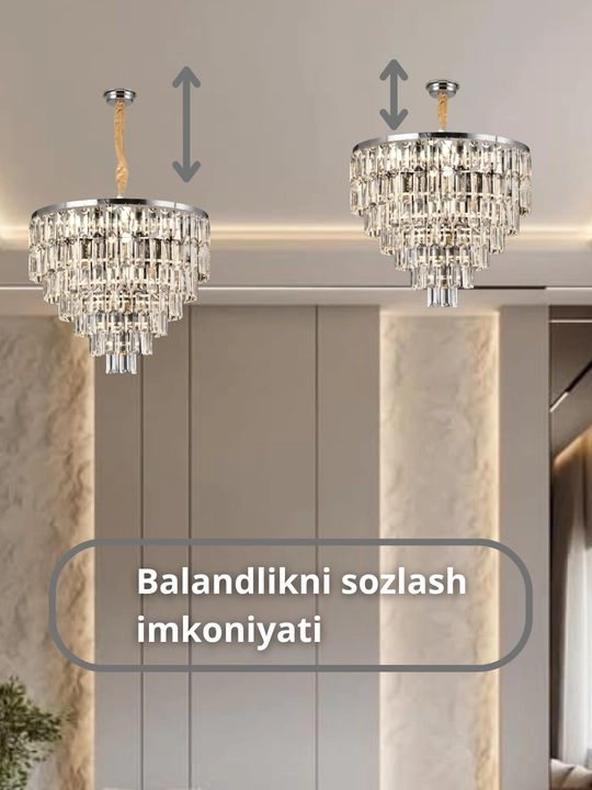 Billur lyustra shift uchun, 3xil yoritish, balandligi sozlanuvchi, zal va mehmonxona uchun