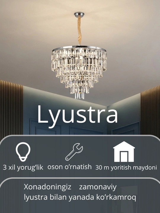 Billur lyustra shift uchun, 3xil yoritish, balandligi sozlanuvchi, zal va mehmonxona uchun - 