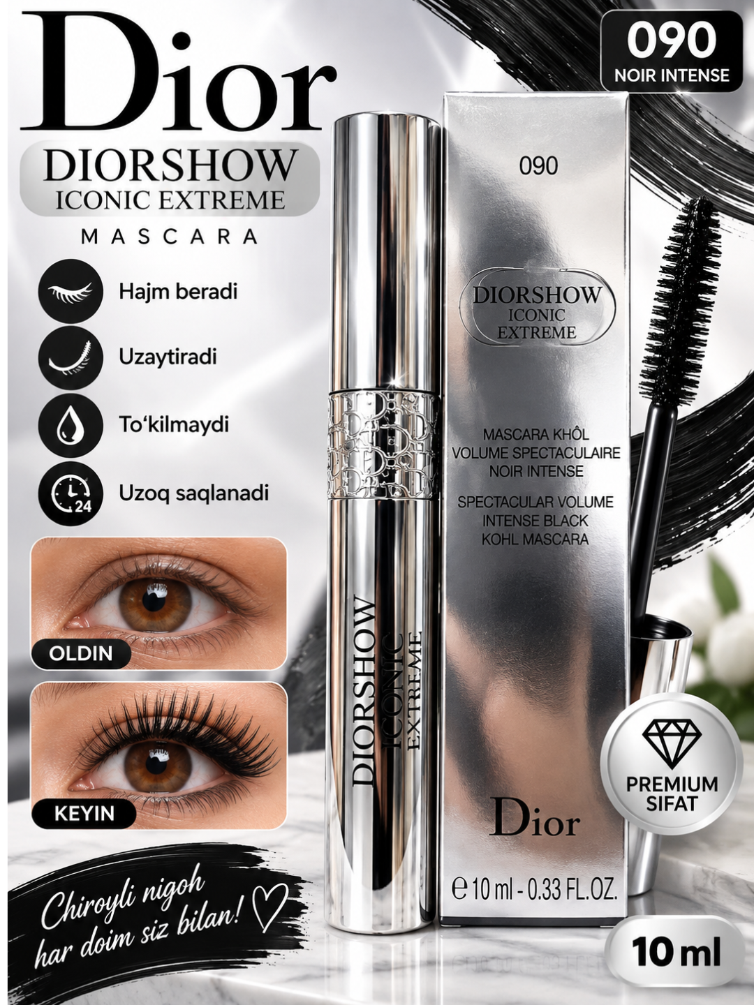 Dior Diorshow Iconic Extreme maskara, kiprikka hajm va uzunlik beruvchi qora tush, 10 ml - 