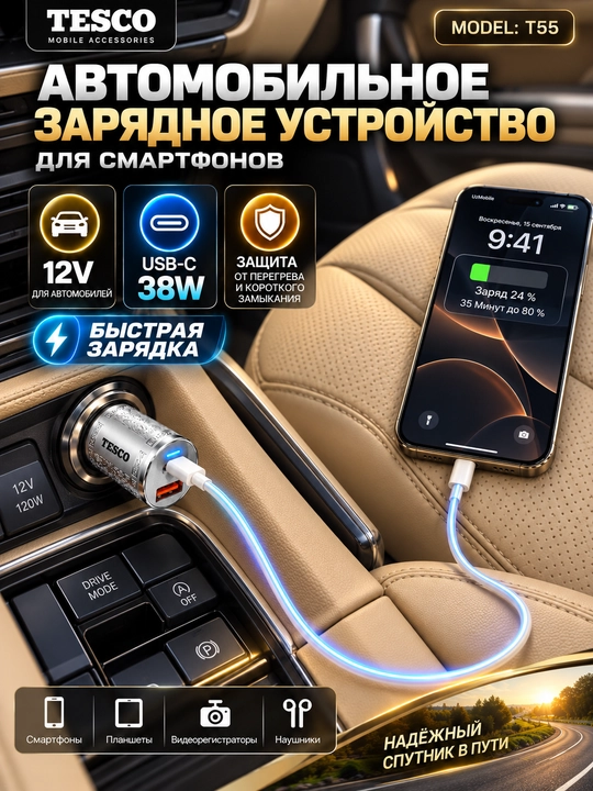 TESCO avtomobil quvvatlagichi (38W/12 V) telefonlar uchun o‘ta tezkor va 3.1A quvvatlash