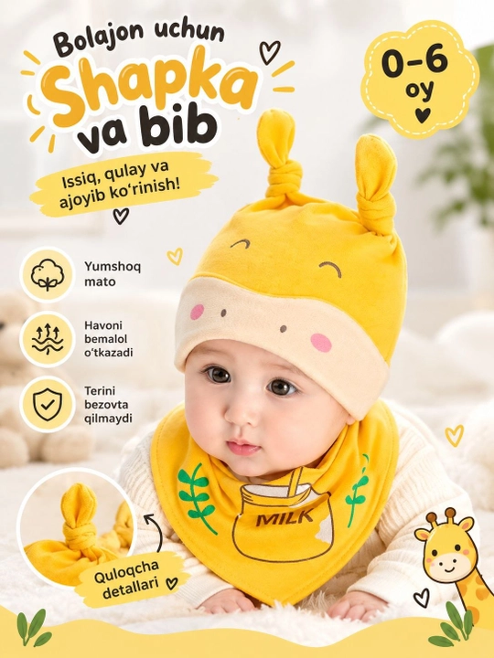 0-1 yosh bo'lgan chaqaloqlar uchun shapka va bo'yinbog', bahor va kuz mavsum, 4 xil rangda - 