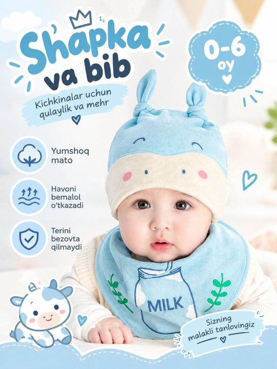 0-1 yosh bo'lgan chaqaloqlar uchun shapka va bo'yinbog', bahor va kuz mavsum, 4 xil rangda - 