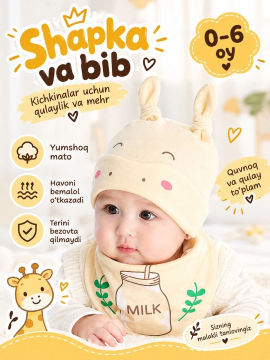 0-1 yosh bo'lgan chaqaloqlar uchun shapka va bo'yinbog', bahor va kuz mavsum, 4 xil rangda - 
