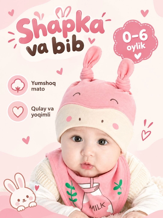 0-1 yosh bo'lgan chaqaloqlar uchun shapka va bo'yinbog', bahor va kuz mavsum, 4 xil rangda - 
