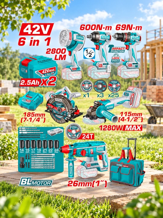 Набор аккумуляторных инструментов TOTAL TOSLI260496 6 в 1, 42 В, 2 аккумулятора по 2,5 А - 