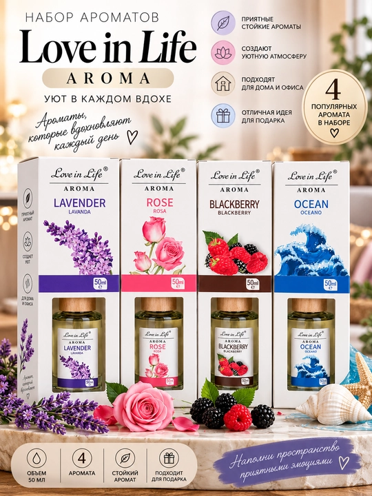 Uy aromatizatori, aroma diffuzor, xushbo‘y hid, Love in Life, xona uchun hid, 50 ml - 