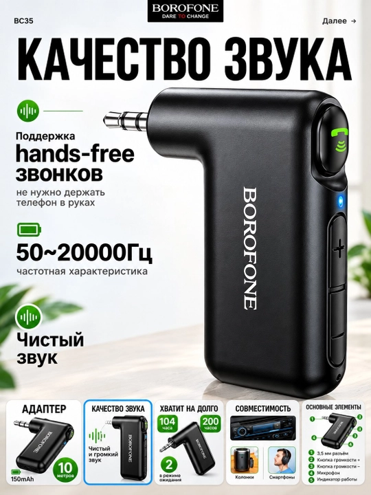 Bluetooth AUX адаптер для автомобиля Borofone, беспроводной ресивер с микрофоном в авто