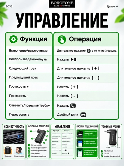Bluetooth AUX адаптер для автомобиля Borofone, беспроводной ресивер с микрофоном в авто