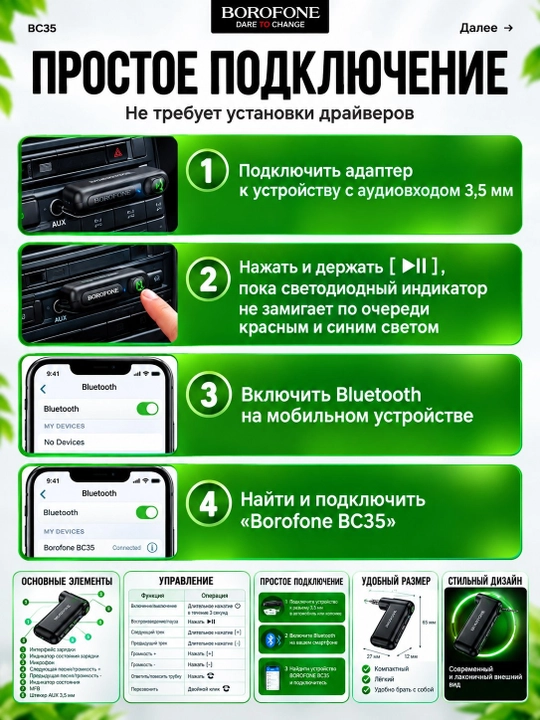 Bluetooth AUX адаптер для автомобиля Borofone, беспроводной ресивер с микрофоном в авто