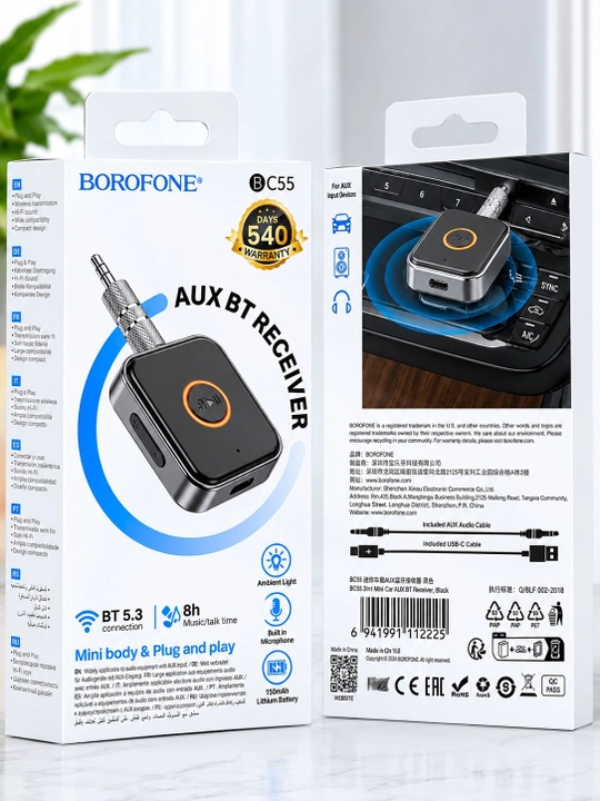 Bluetooth AUX адаптер для автомобиля Borofone, беспроводной ресивер с микрофоном в авто