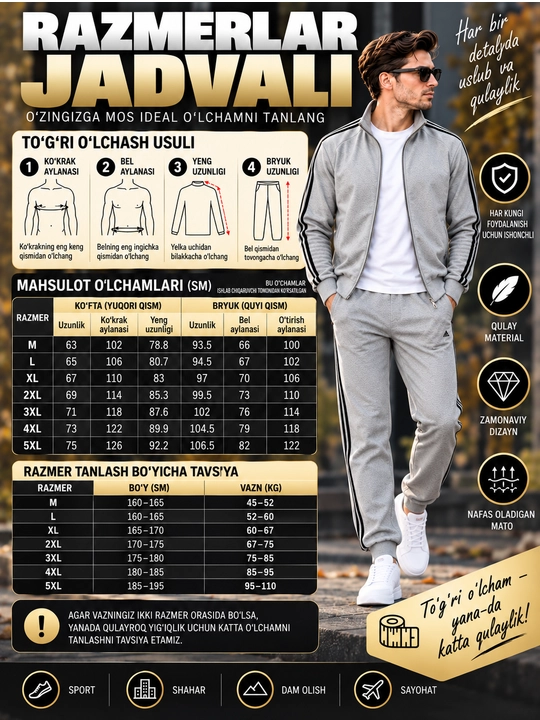 Erkaklar sport kostyumi, ikki qismli kofta va shim, kundalik sport komplekti, M–5XL