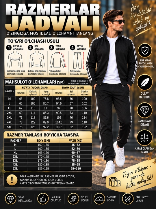 Erkaklar sport kostyumi, ikki qismli kofta va shim, kundalik sport komplekti, M–5XL