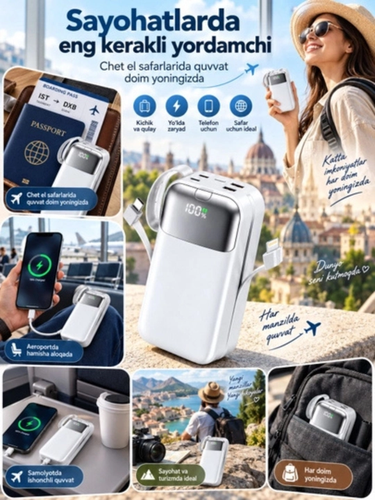 VIEREX VP103 Power Bank 30000 mAh, 20W tezkor zaryad, ichki Type-C va Lightning kabelli