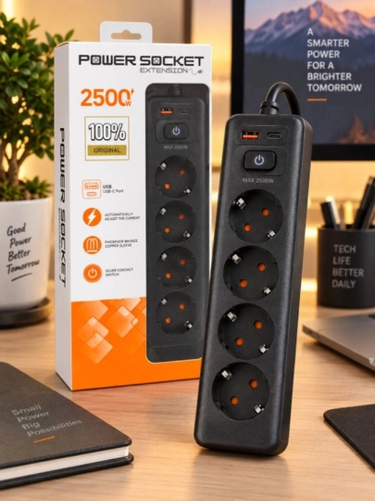 Сетевой удлинитель Power Socket 2500W, 4 розетки, USB-A и Type-C