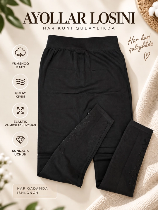 Ayollar Losini — Yuqori Bel, Qora Rang, Bezagi Bor, Kundalik va Sport Uslubidagi Leggings - 