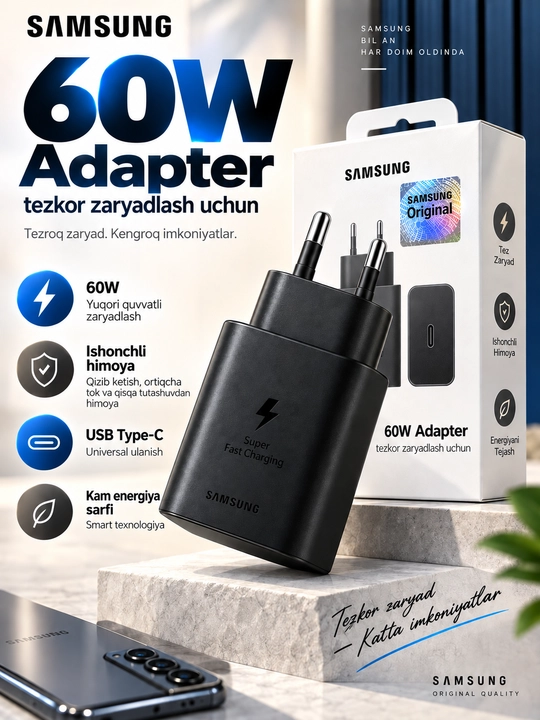 60W Samsung Adapter — tezkor zaryadlash uchun - 