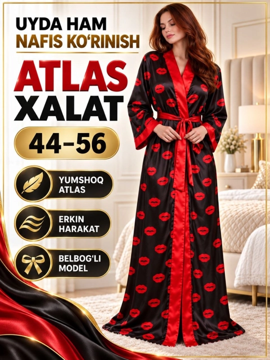 Ayollar uchun atlas xalat-penyuar, uzun belbog‘li uy kiyimi, 44–56 razmer - 
